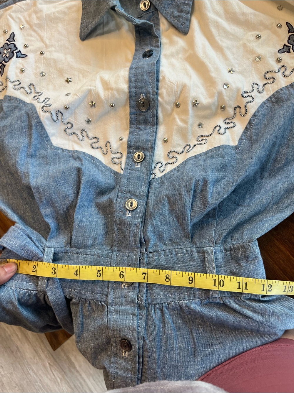 Real Vintage Made in USA Embroidered Chambray Cowgirl Shirt Dress w Belt Cotton - Picture 8 of 16
